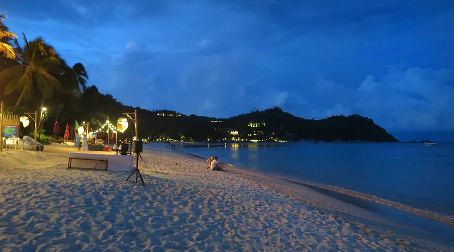 Thong Nai Pan beach at night, string lights and starry sky, Koh Phangan